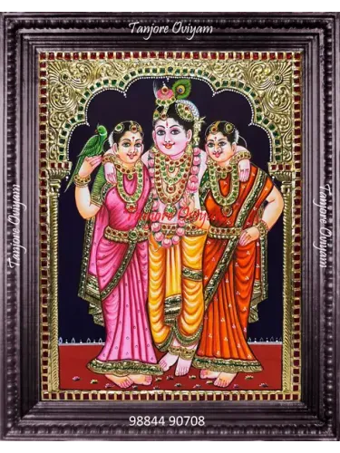 Bhama Rukumani Tanjore painting Krishna with Rukmini Satyabhama gold foil traditional artwork